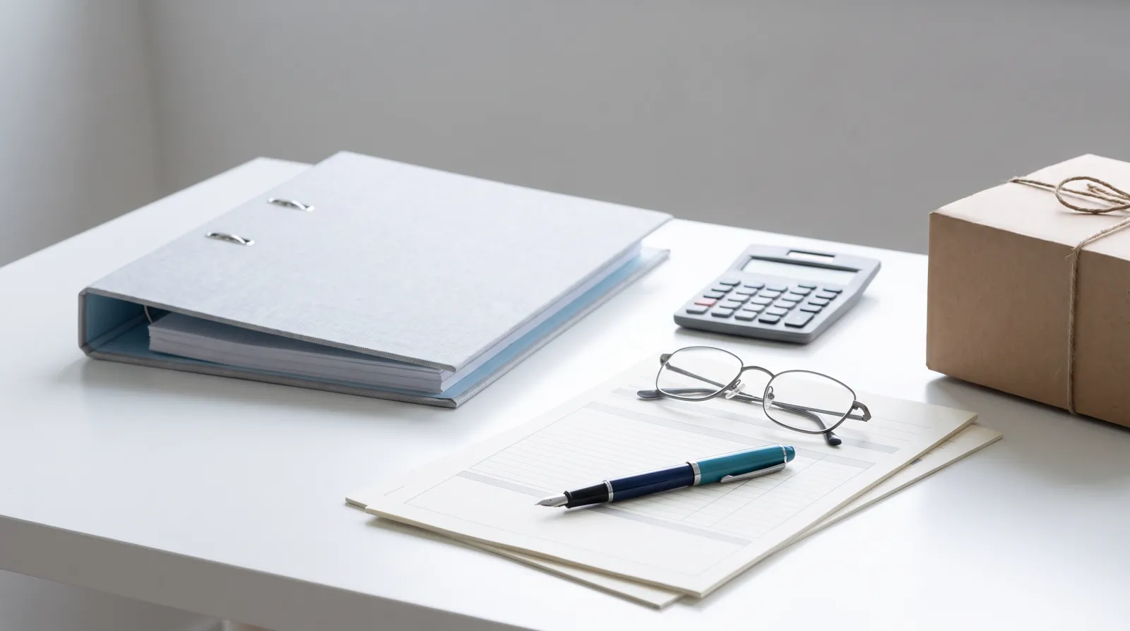 Uporządkowane biurko z zamkniętym segregatorem, kalkulatorem, okularami i piórem na pustych formularzach, z małą paczką na brzegu kadru, w spokojnych neutralnych barwach.