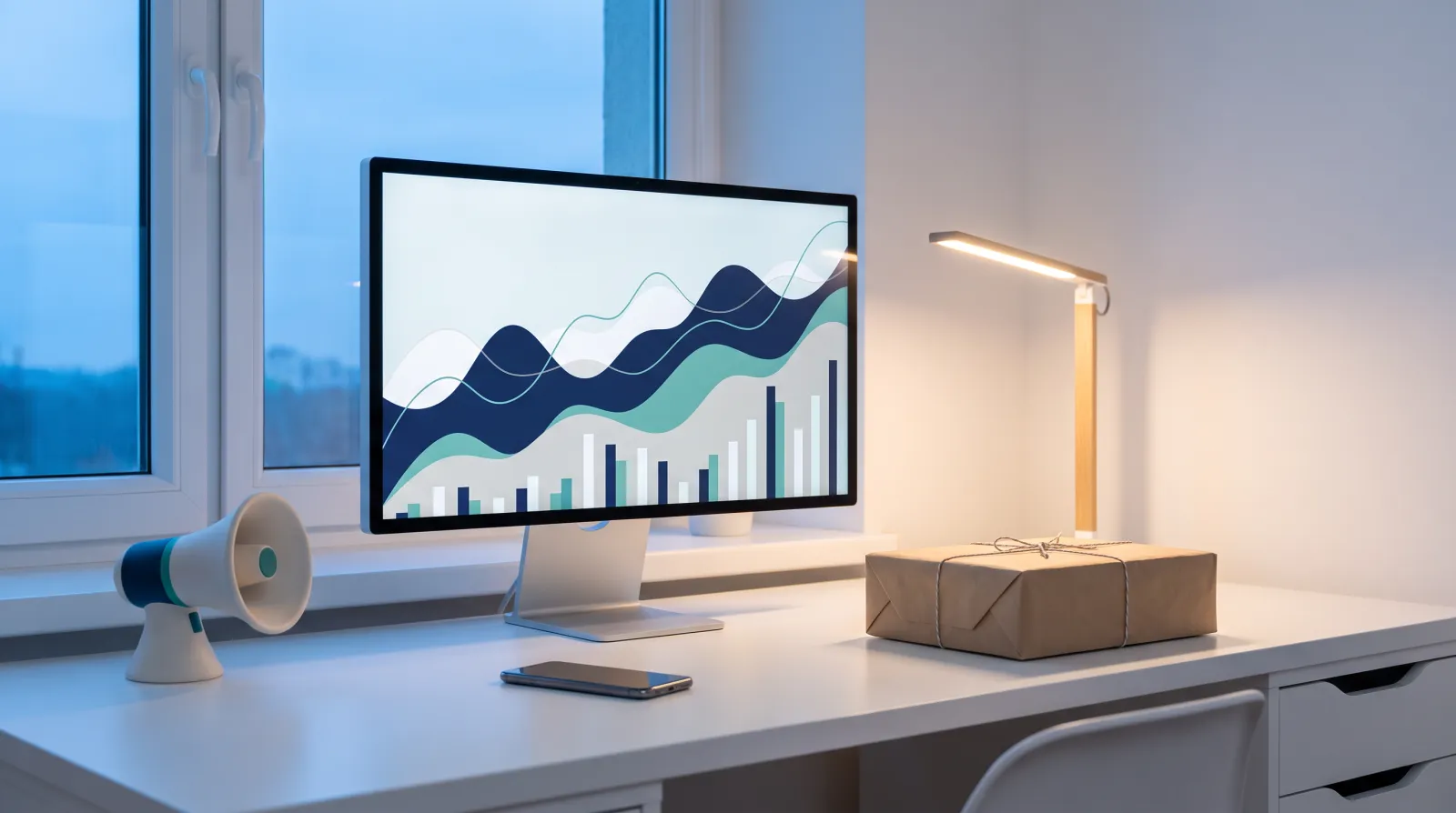 Nowoczesne biurko z dużym monitorem pokazującym kolorowe wykresy bez opisów, smartfonem odwróconym ekranem w dół, ozdobą w kształcie megafonu i paczką z boku, w chłodnym wieczornym świetle i cieple lampki.
