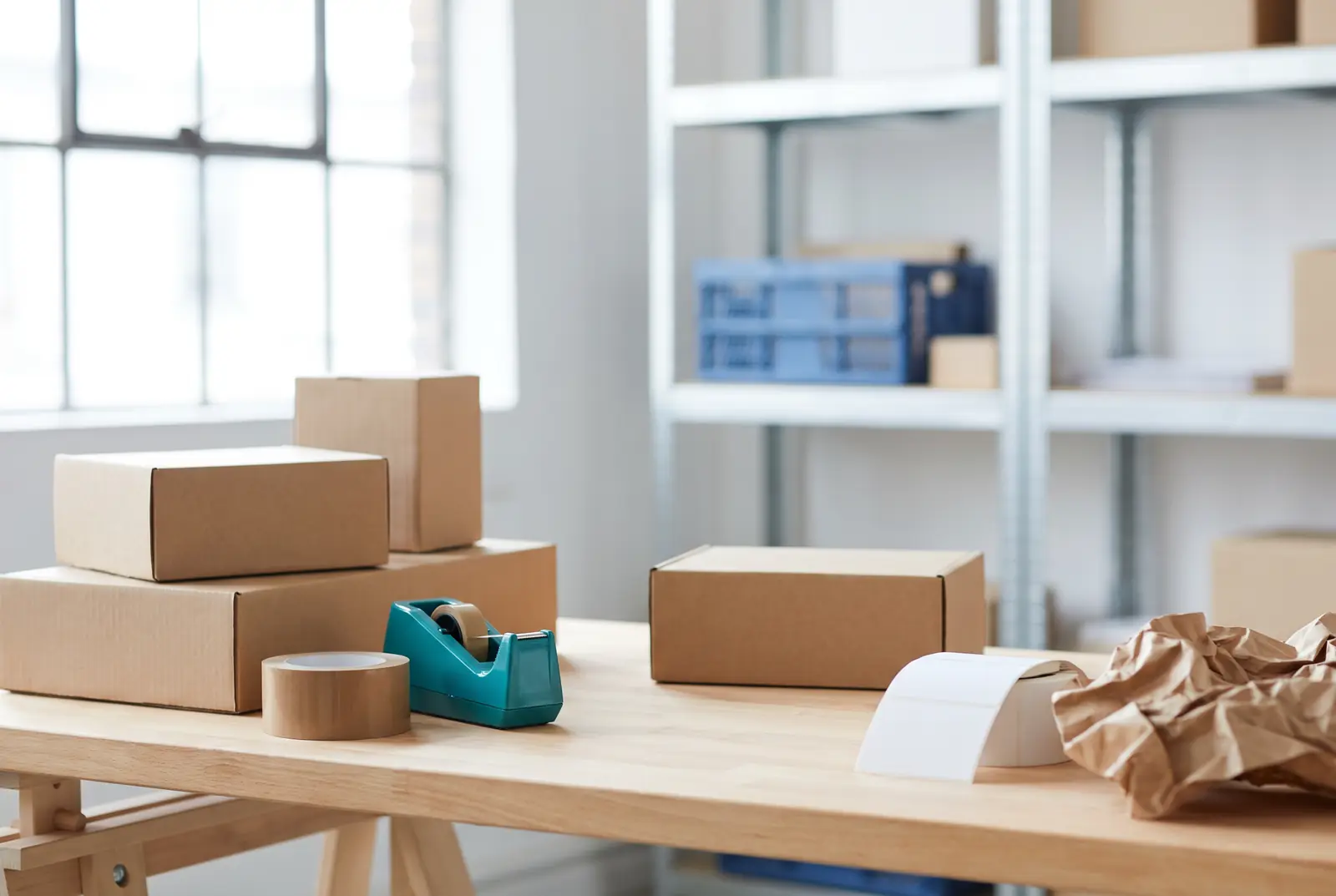 Packing station with boxes, tape and labels (illustration)