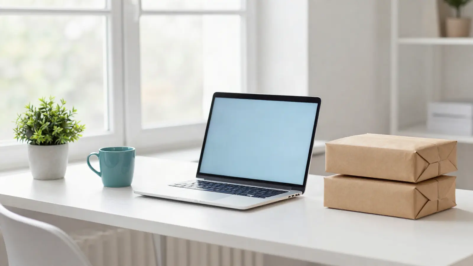 Seller’s desk with a laptop and parcels (illustration)