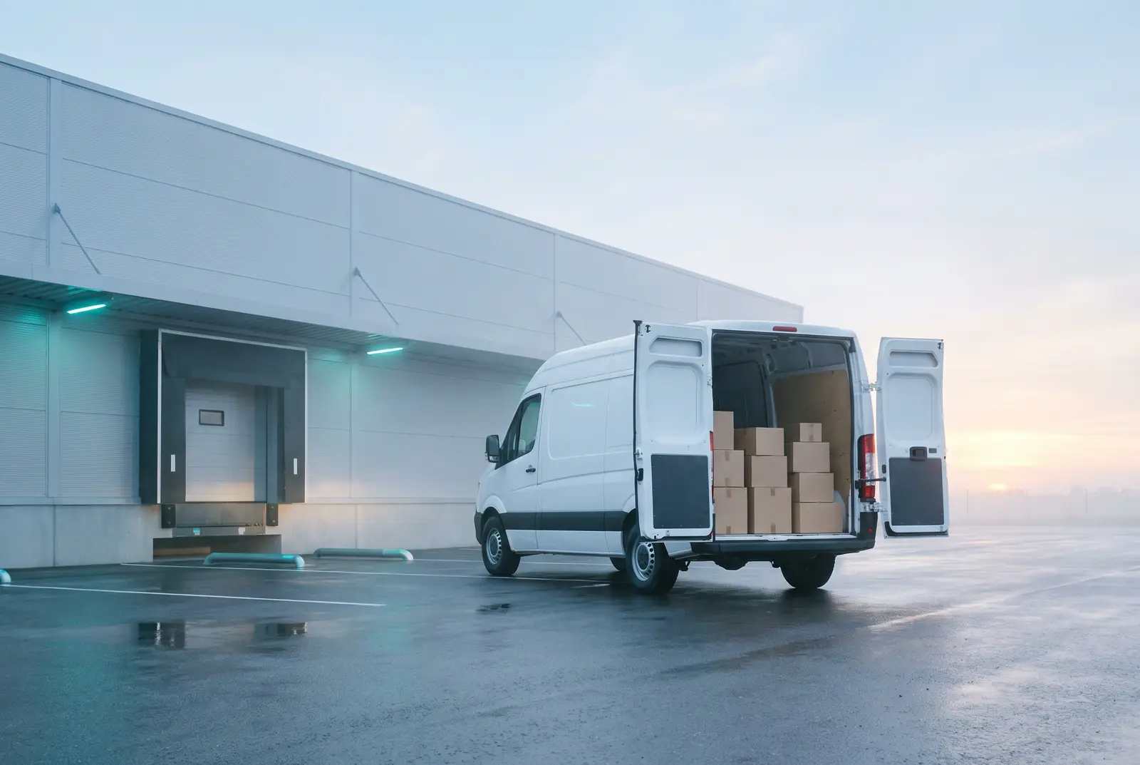 White delivery van with parcels at a warehouse dock at dawn (illustration)