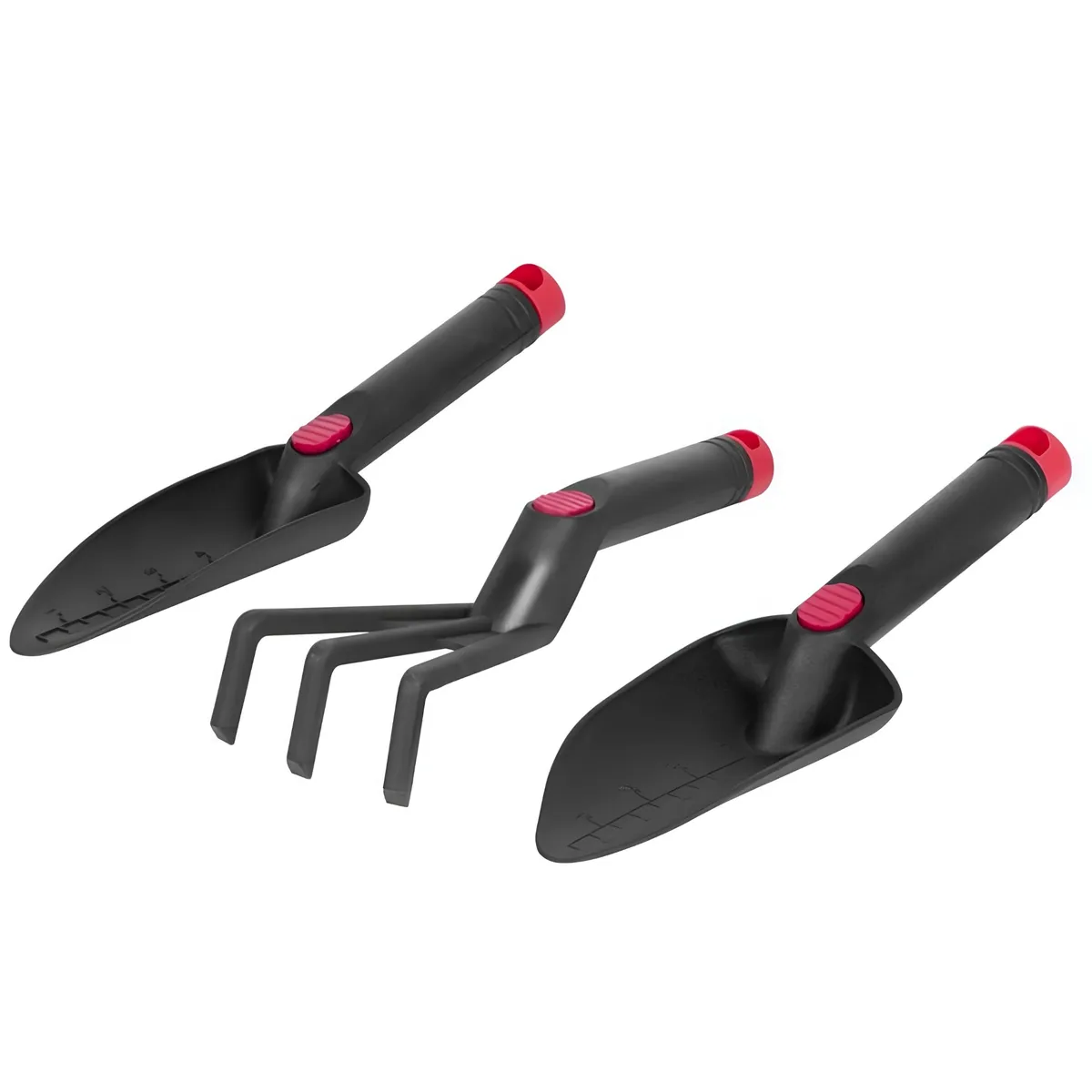 Zestaw narzędzi ogrodniczych, plastikowy, 3-częściowy, kultywator, łopatka szeroka 80x275 mm, łopatka wąska z miarką 60x300 mm, photo 4 of 6