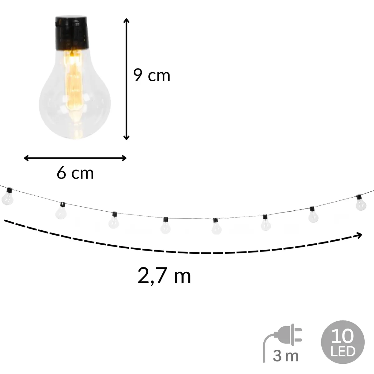 Girlanda ogrodowa solarna LED, 10 żarówek, czujnik zmierzchu, dł. 2,7 m, kabel 3 m, żarówki 6x9 cm, photo 2 of 6
