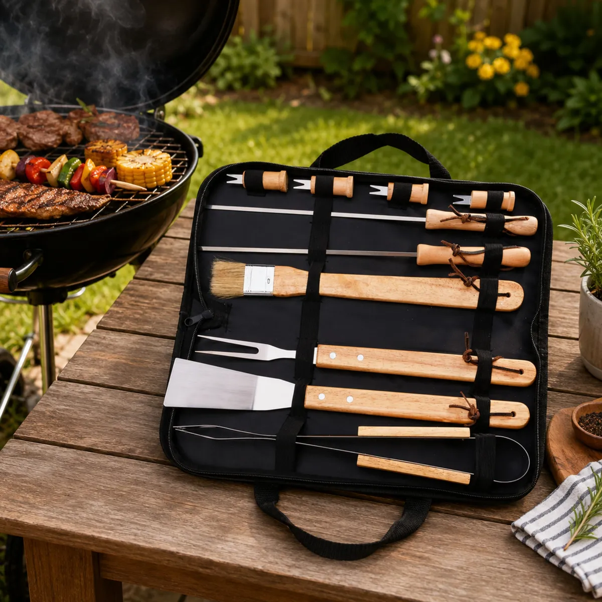 Zestaw przyborów do grillowania, 11-częściowy, stal nierdzewna, drewniane rączki, torba, łopatka, szczypce, widelec, pędzel, 2 igły, 4 uchwyty do kukurydzy, photo 4 of 7