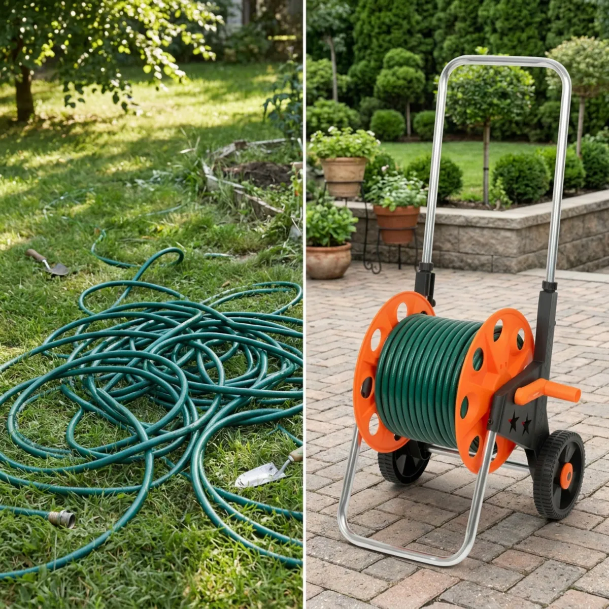 Wózek na wąż ogrodowy, metalowy stelaż, plastikowy bęben, na kołach, rączka teleskopowa 57,5-95 cm, 50 m węża 1/2 cala, photo 4 of 8
