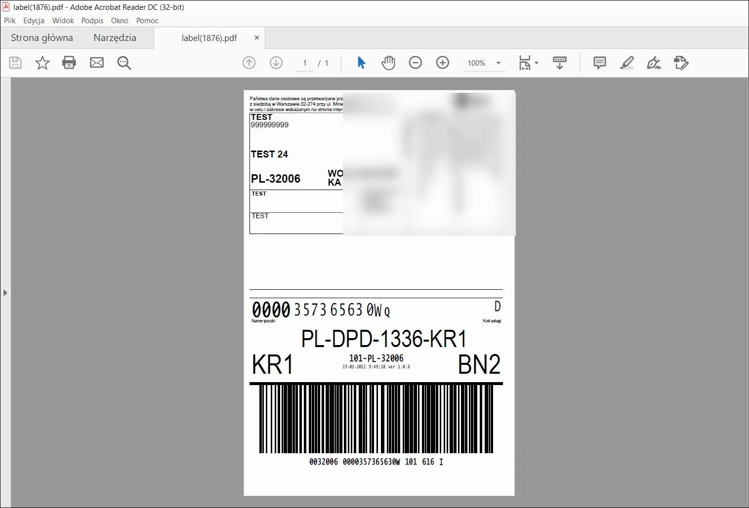 Correct DPD label filling a whole A6 page