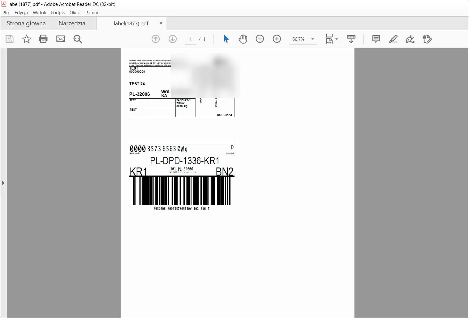 Incorrect DPD label: reduced in size and marked DUPLIKAT