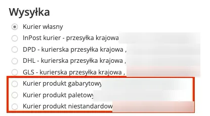 Shipping list in the cart with the options for oversized, pallet and non-standard products highlighted; prices blurred