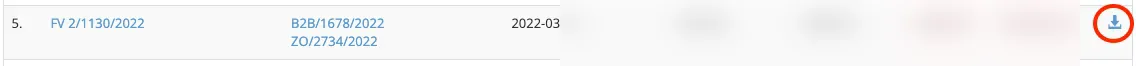 Invoice row in the Documents and payments tab with the download icon highlighted; amounts blurred